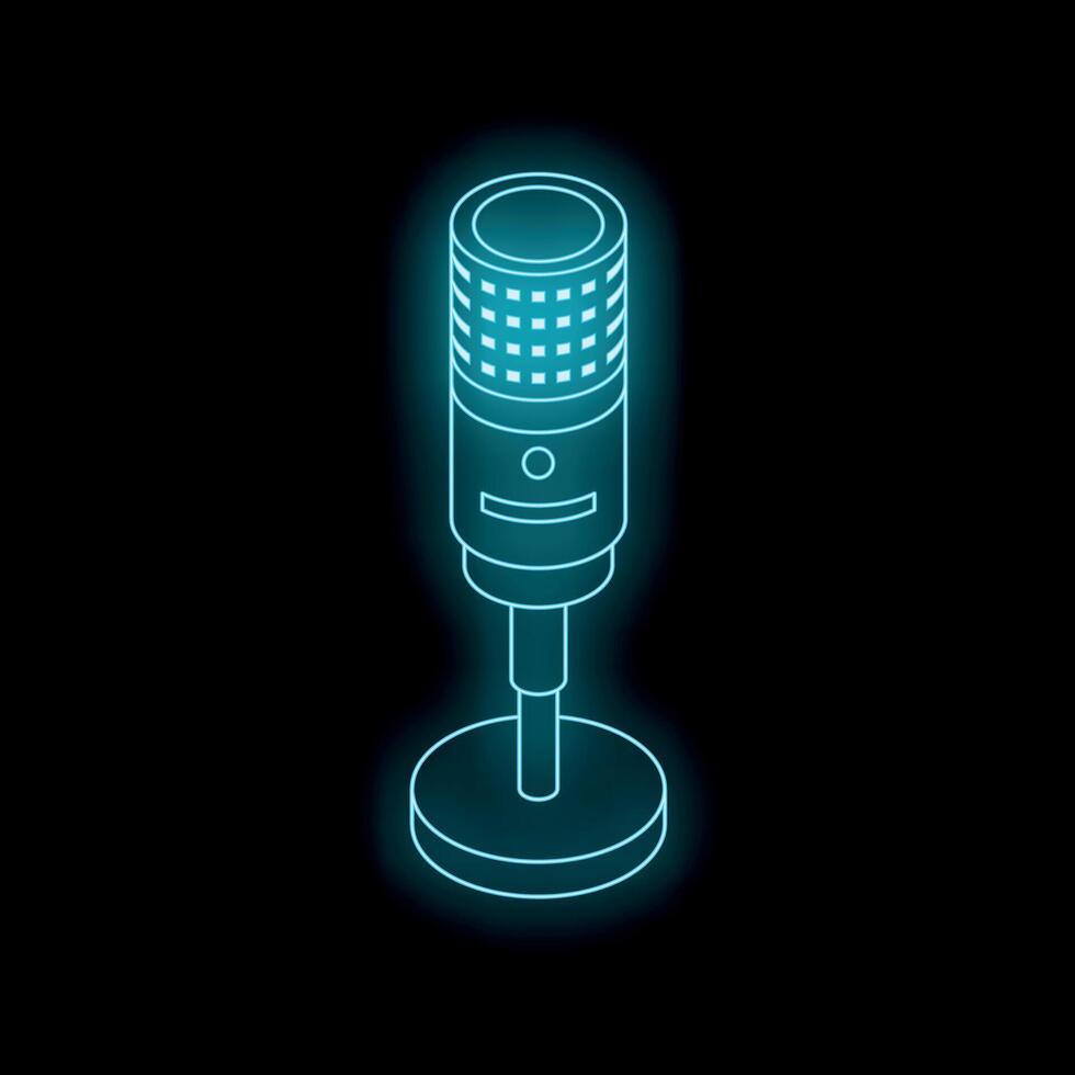 Neon blue microphone glowing on black background vector