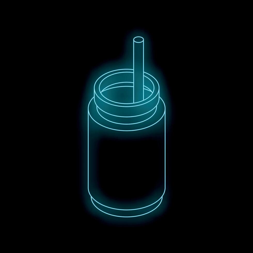 Neon blue smoothie cup with straw shining in dark background vector