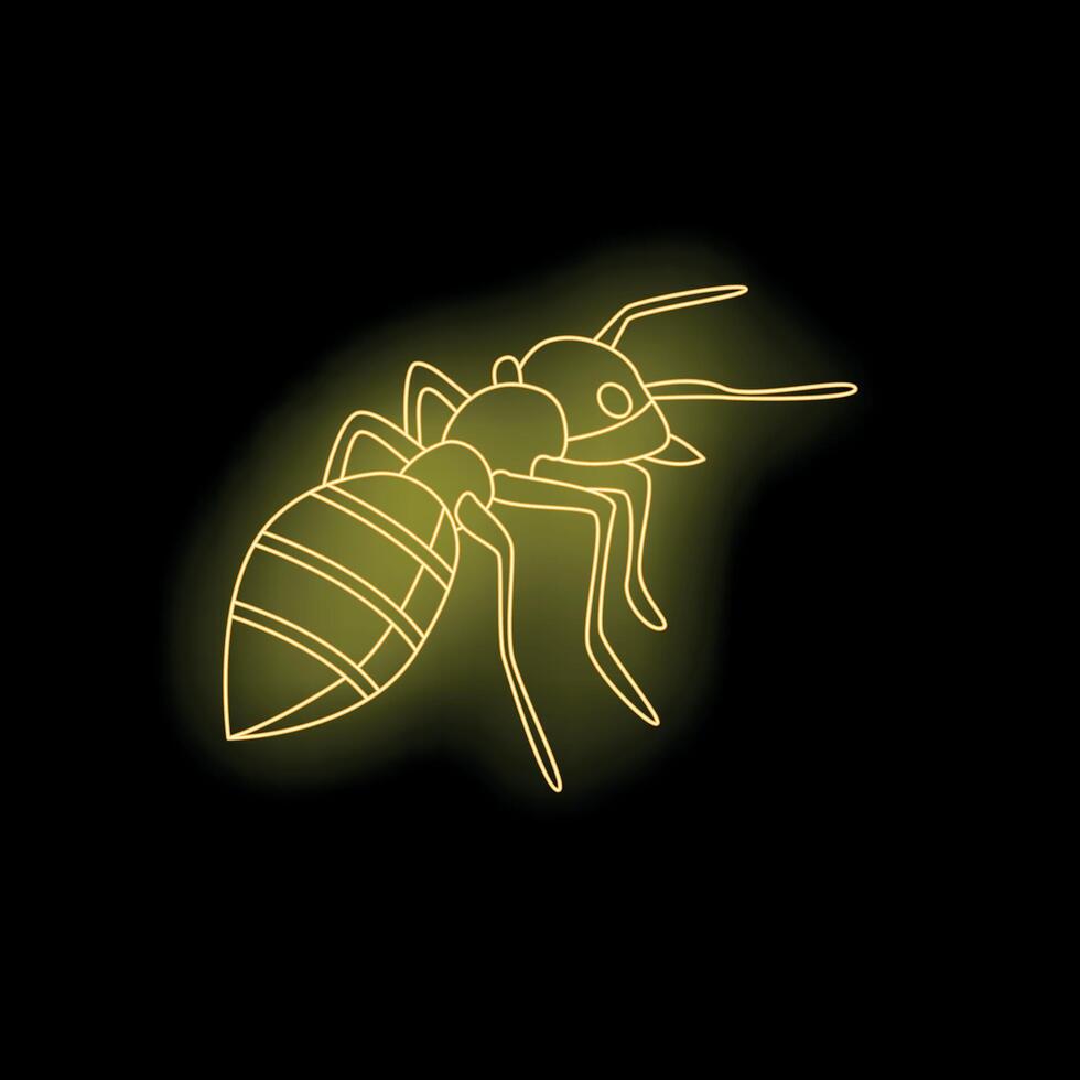 Glowing neon yellow ant walking on black background vector