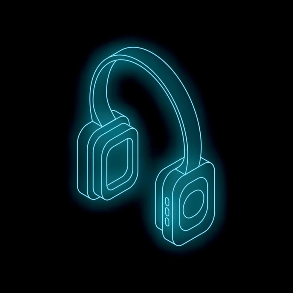 Glowing neon headphones on dark background, isometric view vector