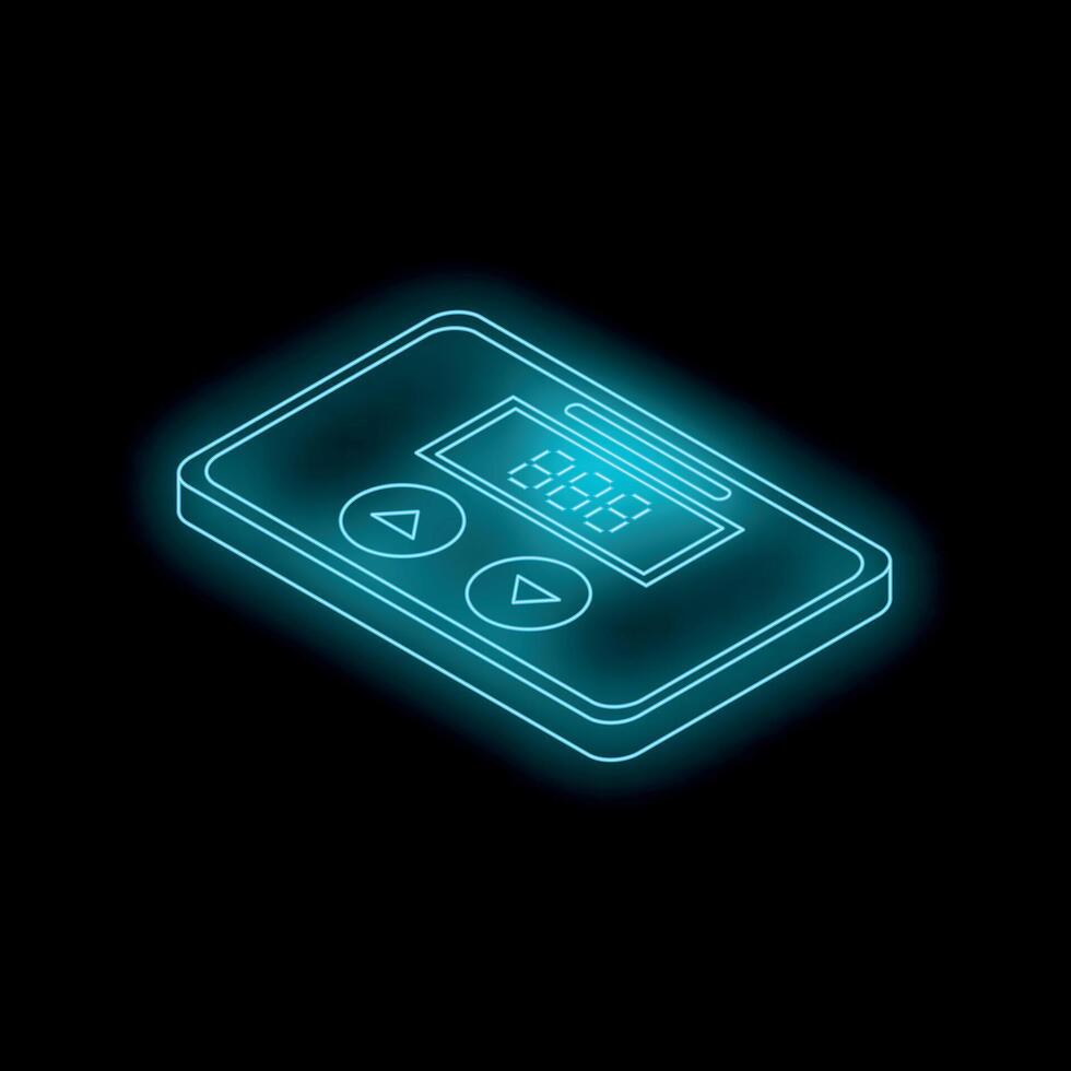 Glowing neon pager icon on dark background showing isometric view vector