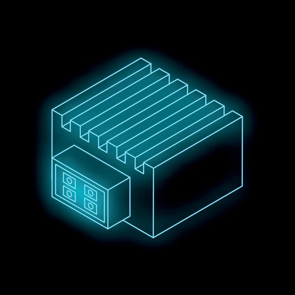 Glowing power supply unit with cooling fins on black background vector