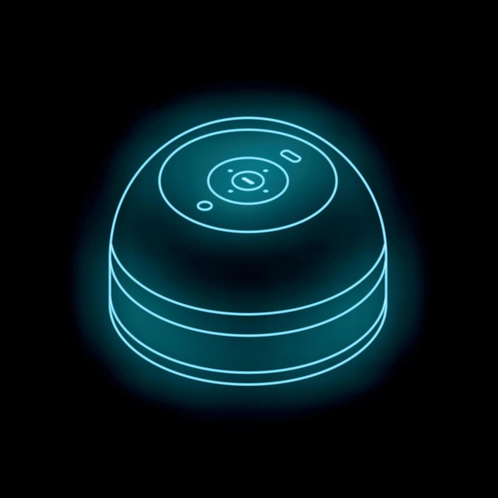 Neon smart speaker glowing on black background, futuristic home automation vector