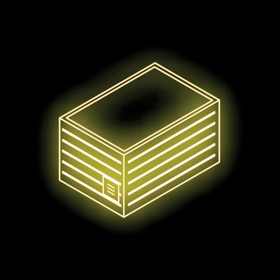 Glowing neon yellow isometric warehouse building on black background vector