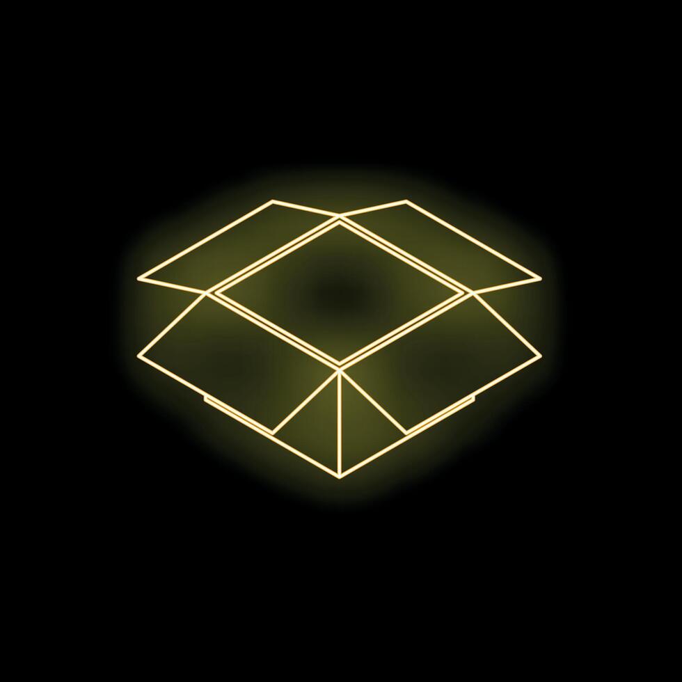 Open cardboard box glowing neon light on black background vector