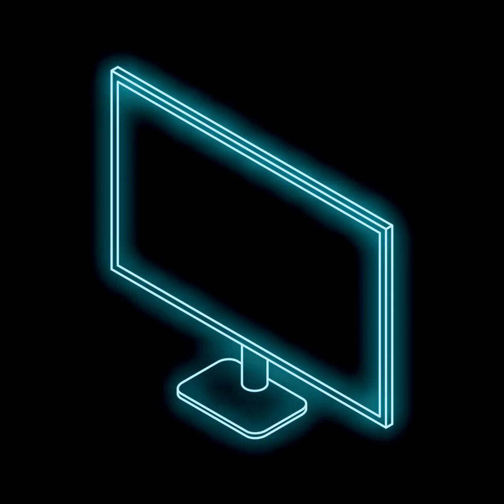 Glowing neon computer monitor on black background, isometric view vector
