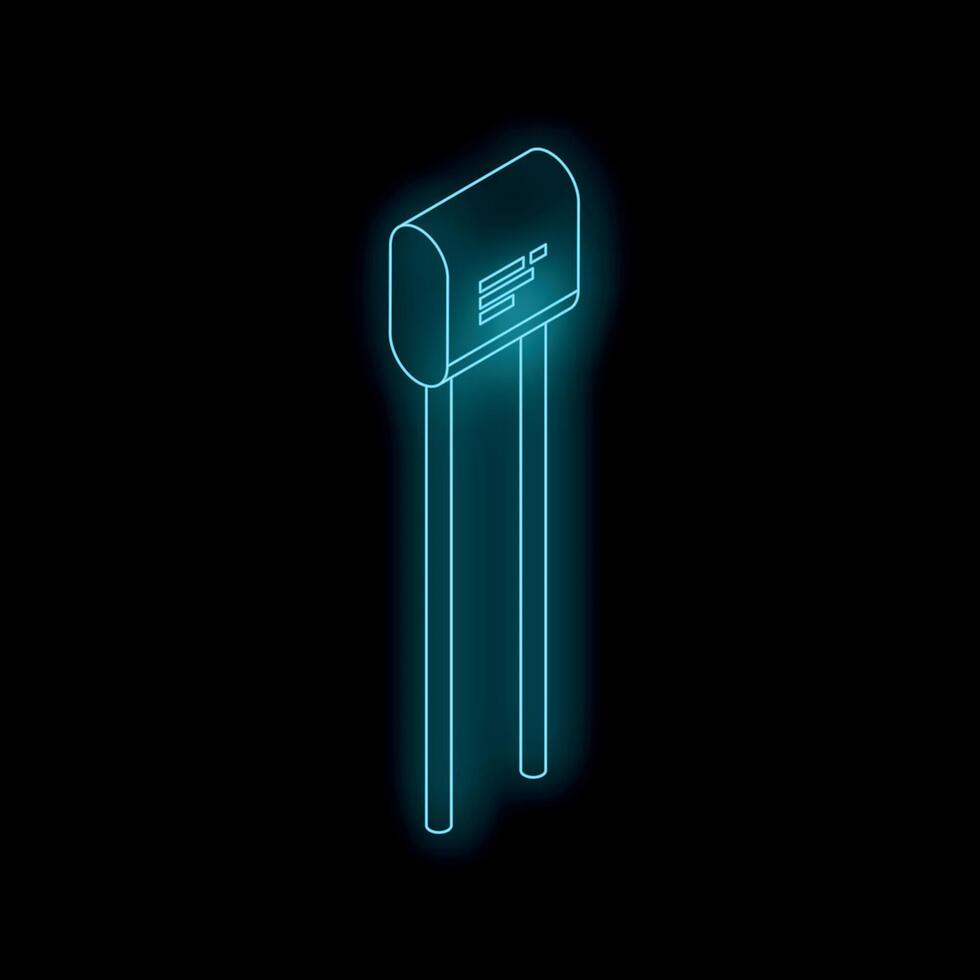 Neon mailbox glowing on black background, isometric view vector