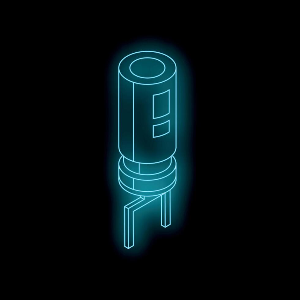 Electronic capacitor component glowing with futuristic blue light on black background vector