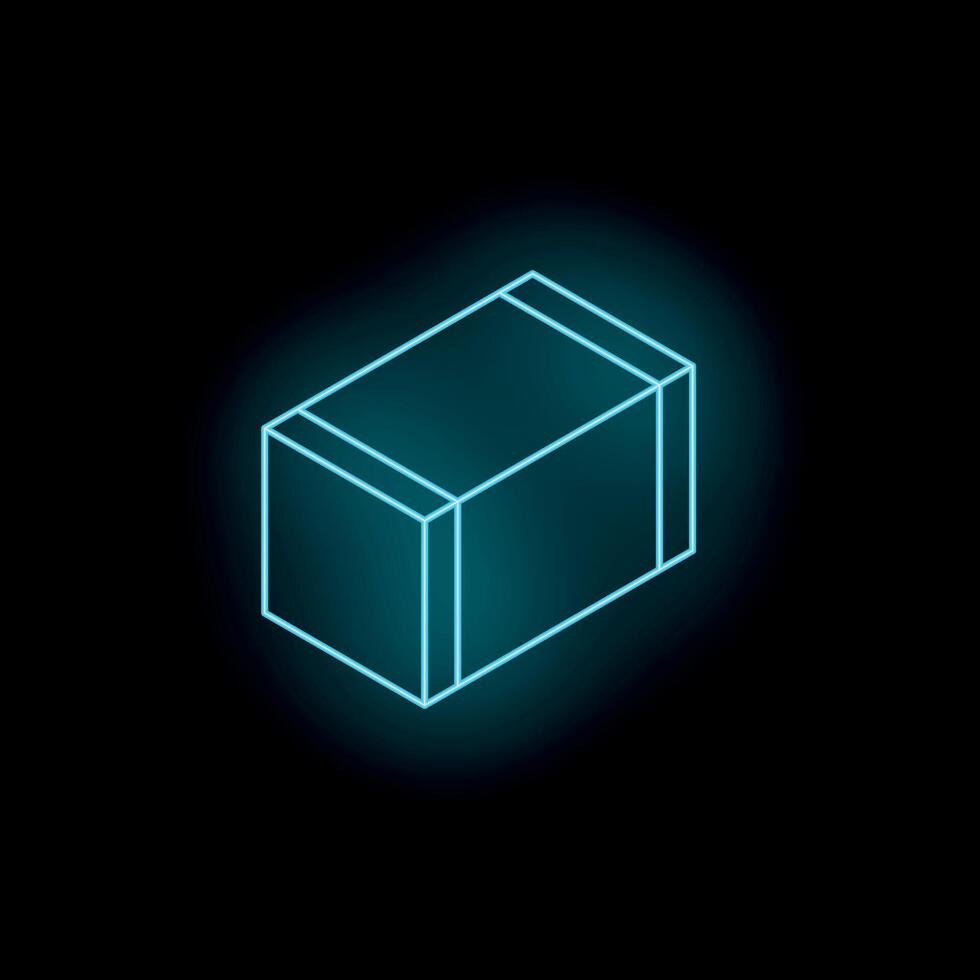 Glowing neon box delivering futuristic product on black background vector