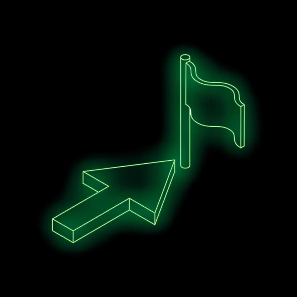 Green neon arrow pointing to a flag on black background vector