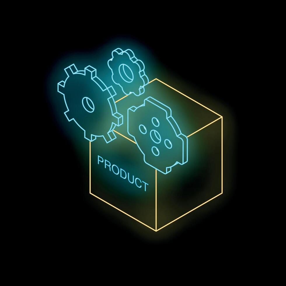 Gears rotating and fitting into product box, manufacturing process visualization vector