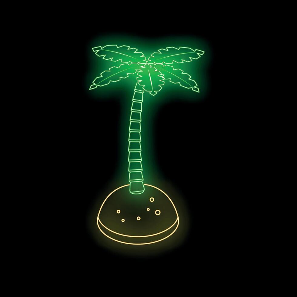 Glowing neon green palm tree on a tropical island at night vector