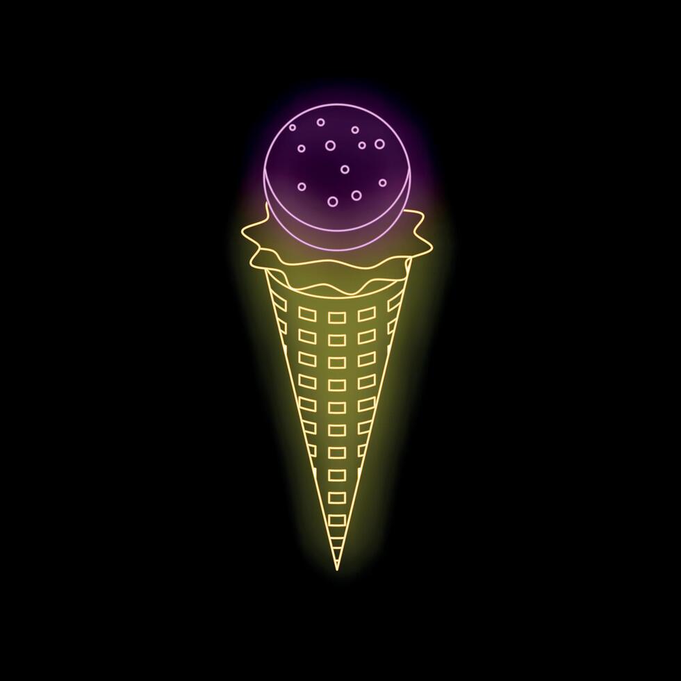 Glowing neon ice cream cone with scoop on black background vector