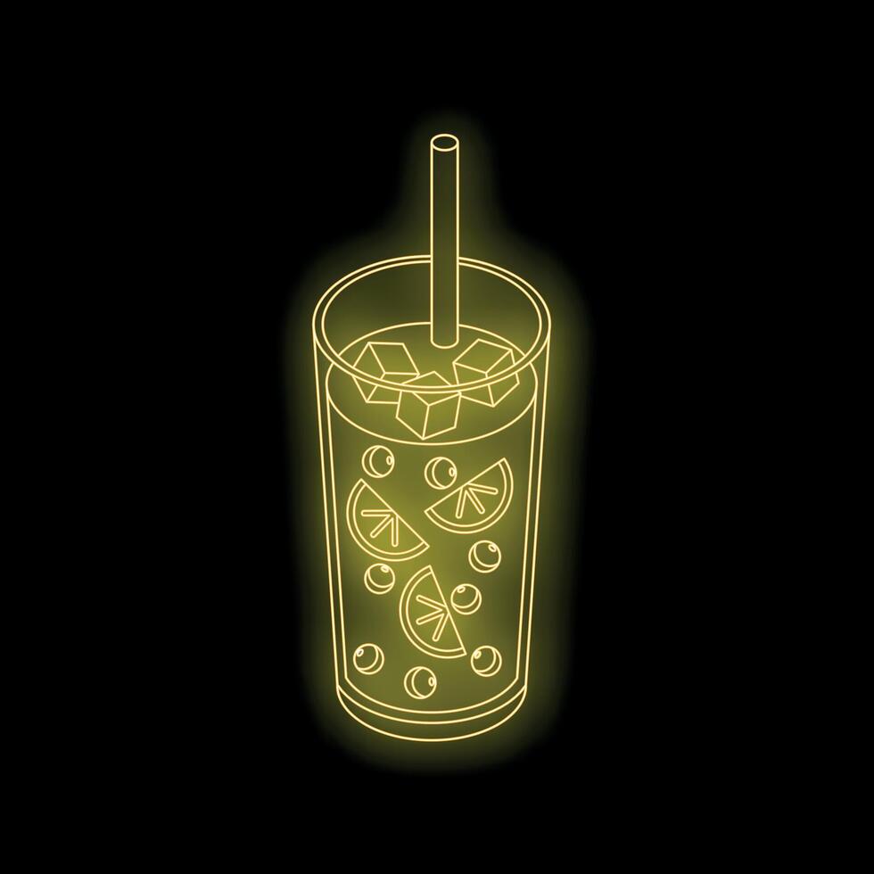 Neon yellow glowing cocktail with ice, lemon and berries, representing a refreshing summer drink vector