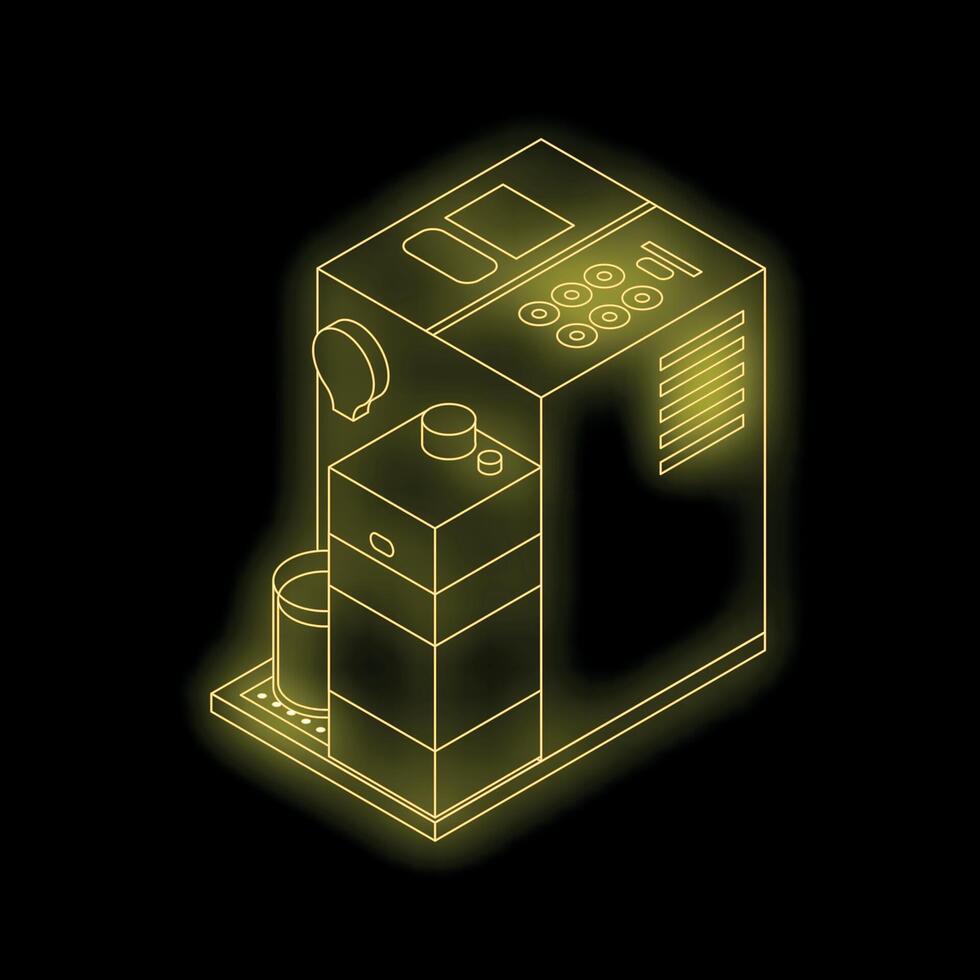 Modern coffee machine with cup and milk container glowing neon style vector