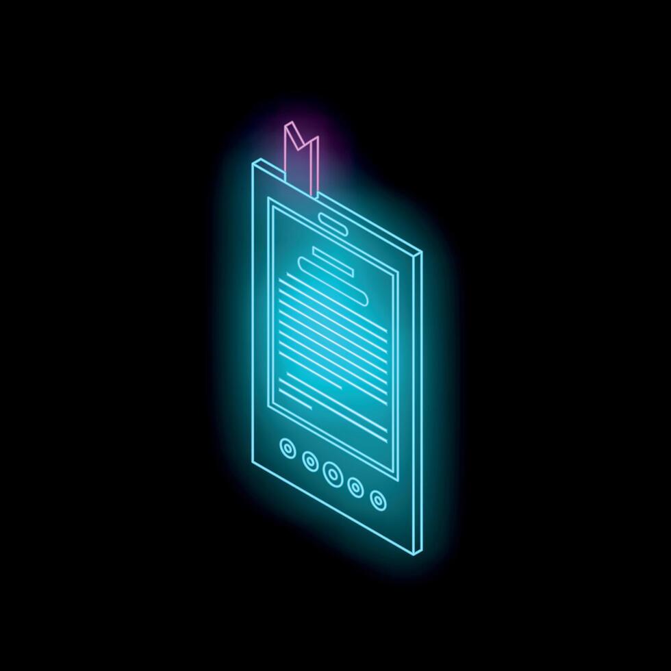 Glowing neon e reader isometric icon with bookmark on black background vector