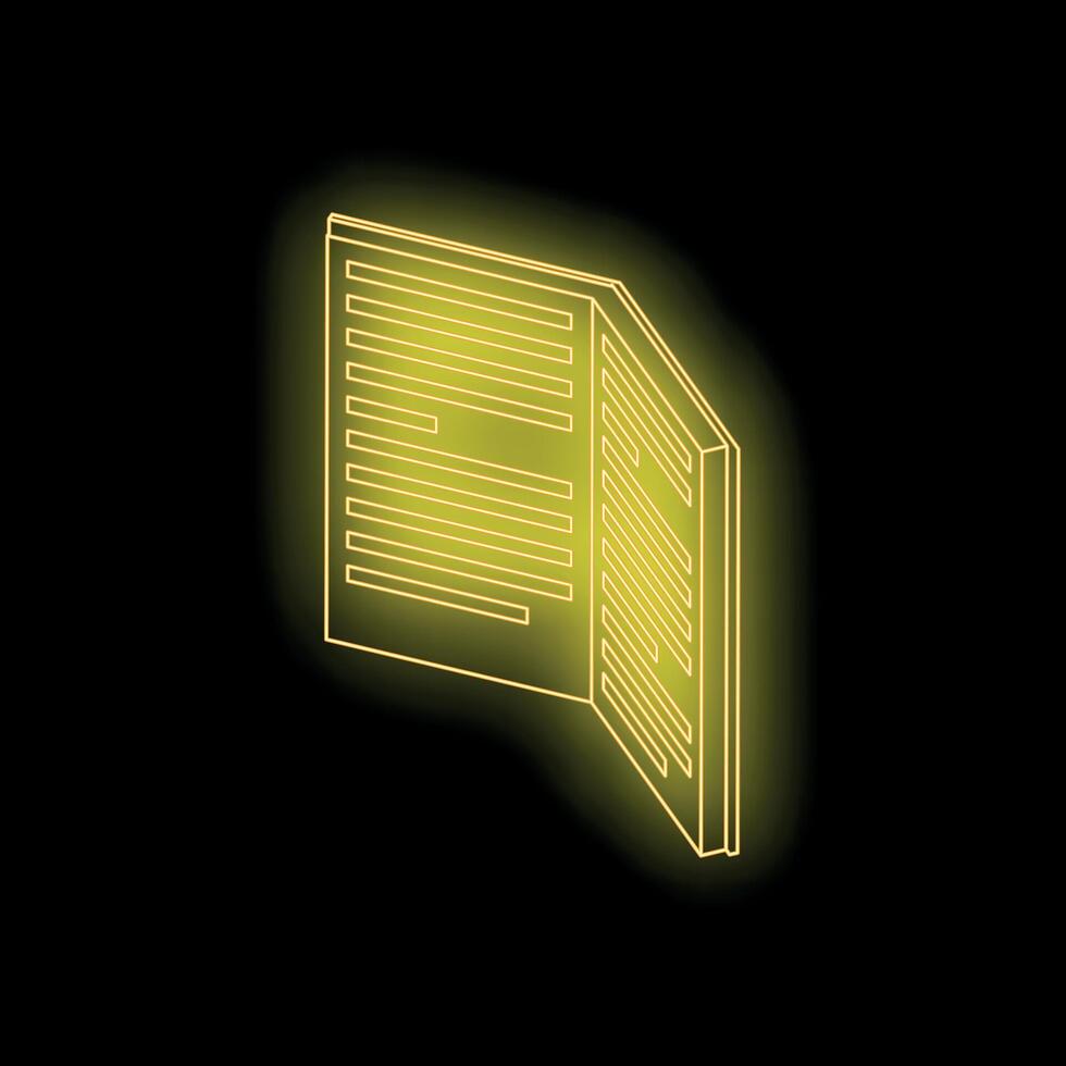 Open book with glowing neon yellow lines on black background vector