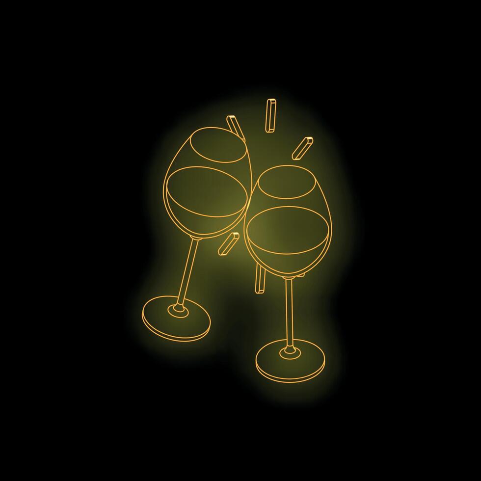 Two wine glasses toasting with golden neon light effect on black background vector