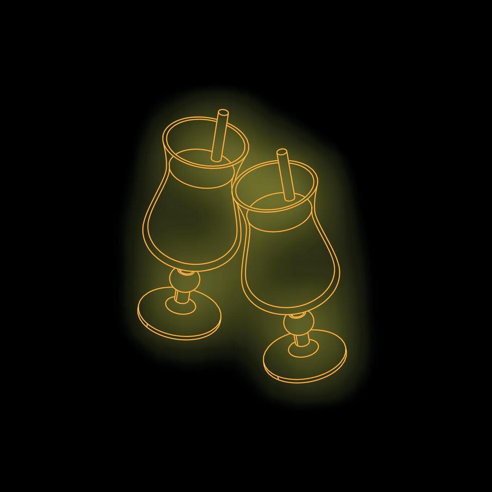 Two tropical cocktails with straws glowing on dark background vector