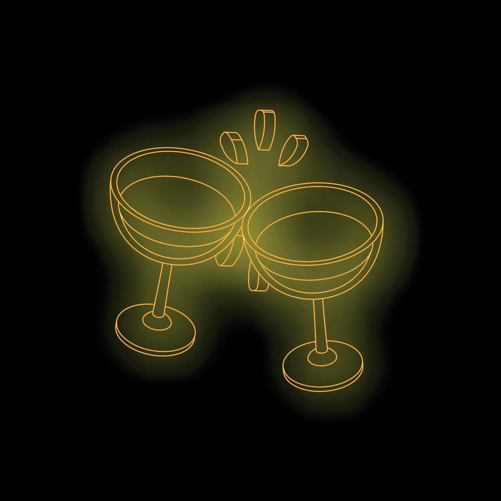 Two champagne flutes toasting on black background with golden neon light vector