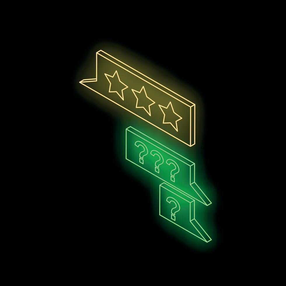 Questioning five star feedback, neon sign representing customer review and support vector