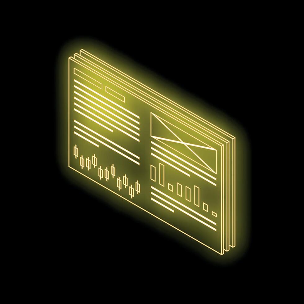 Neon yellow wireframe of web design showing analytics and text vector