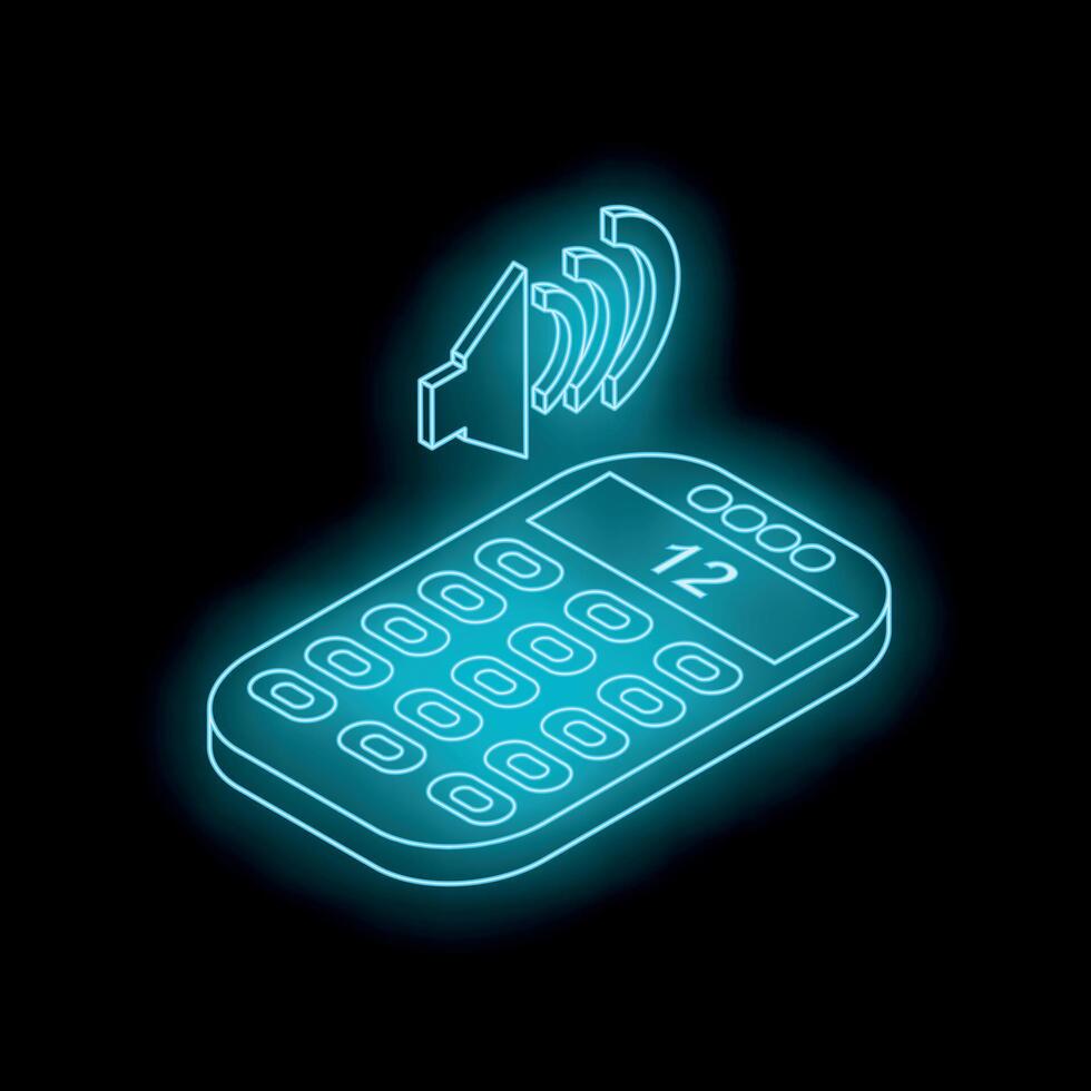 Calculator emitting sound waves with neon blue light effect vector