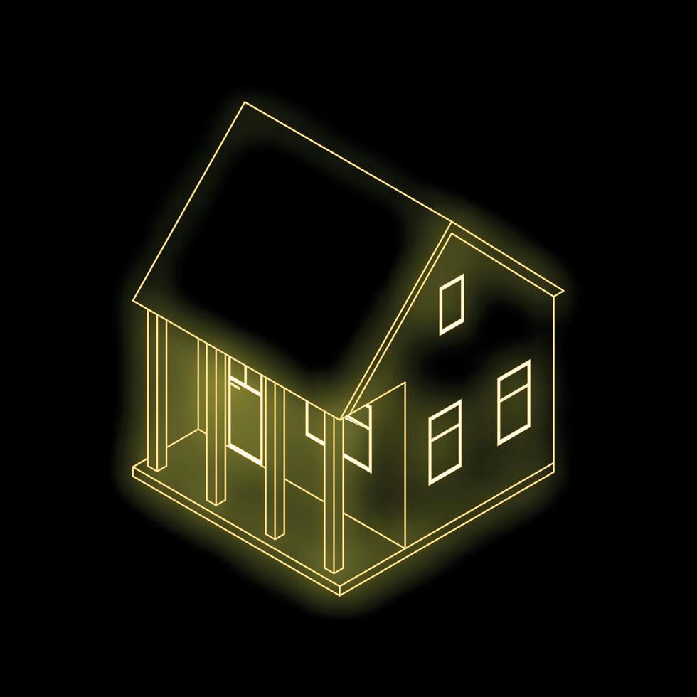 Glowing yellow neon house on black background representing real estate, architecture, or construction vector
