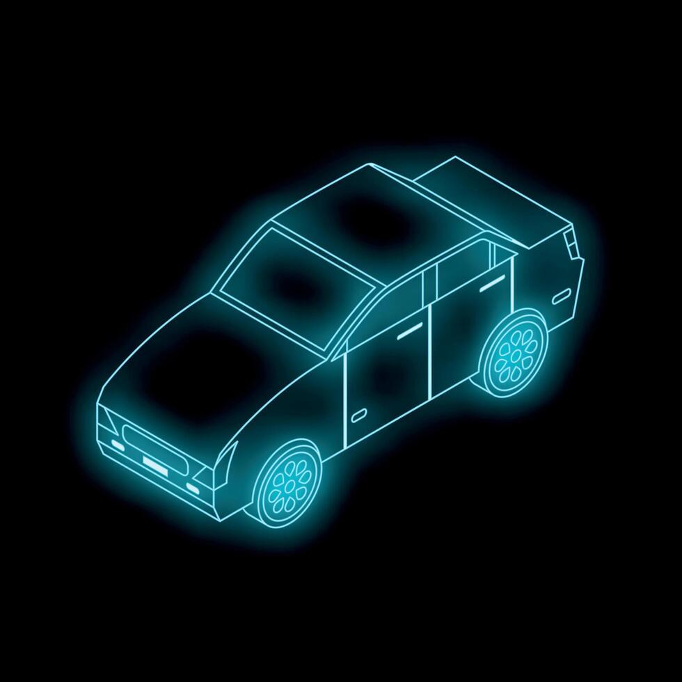 Glowing blue neon outline of modern sedan car on black background vector