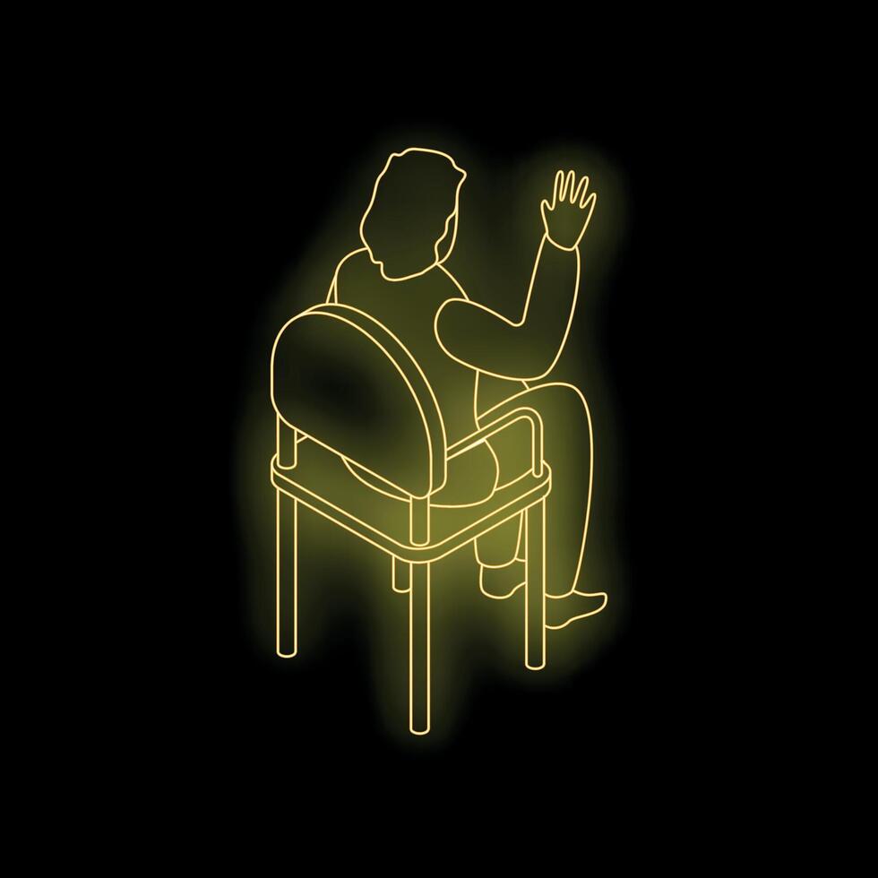 Businessman sitting on chair and waving neon sign on black background vector