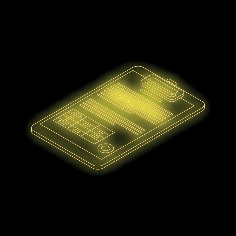 Neon yellow clipboard with document and checkboxes representing survey or checklist on black background vector