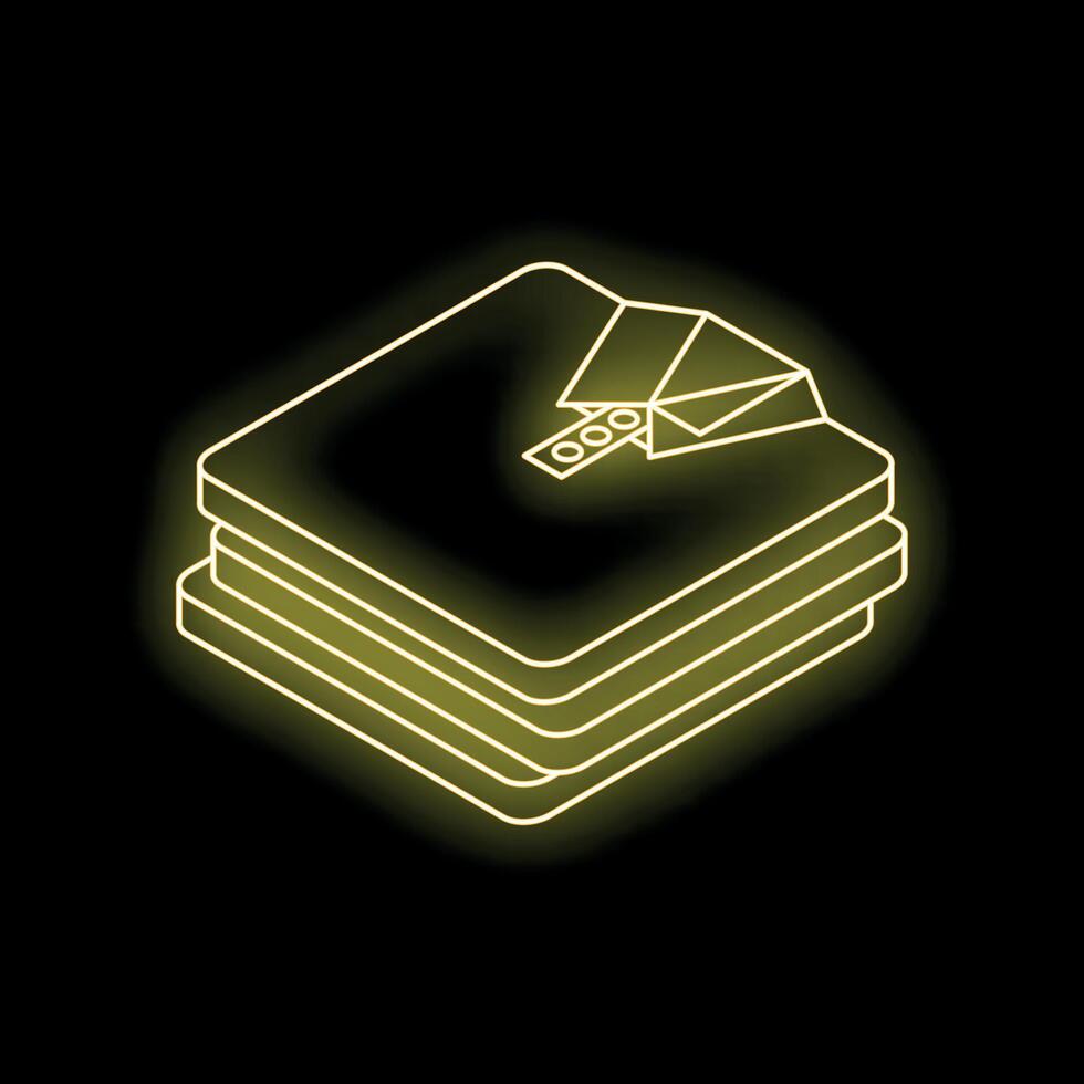 Neon yellow glowing folded shirts icon on black background vector