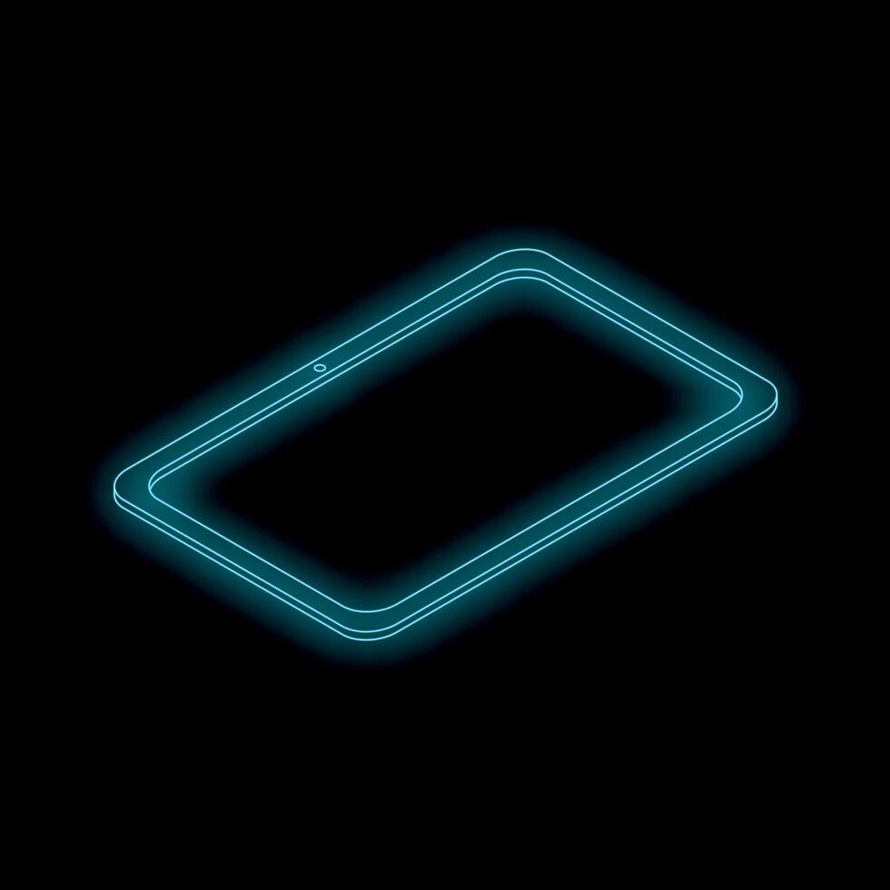 Glowing blue neon tablet computer on black background representing modern technology vector