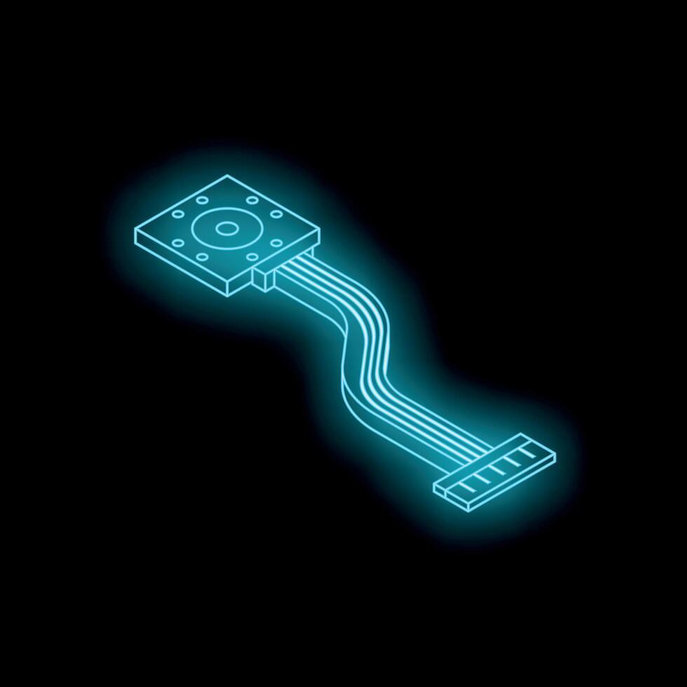 Neon blue computer chip connecting with cable on black background vector