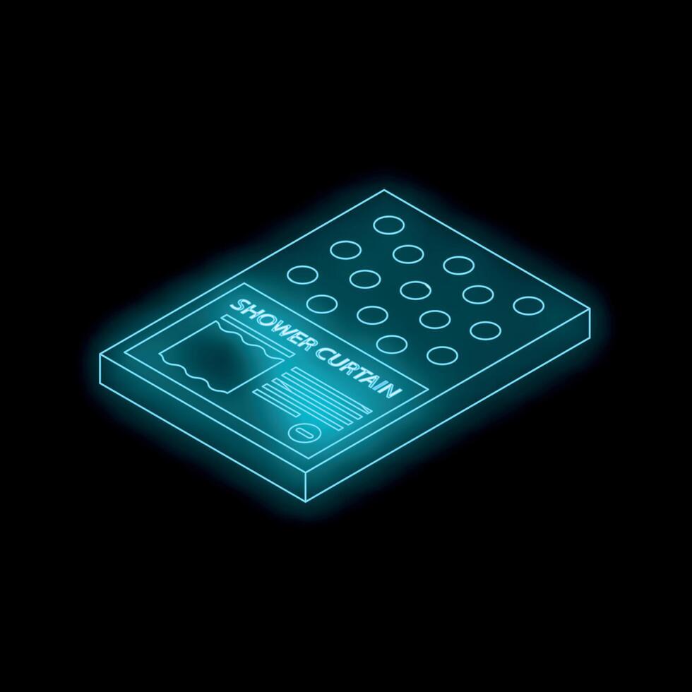 Glowing neon shower curtain package on black background vector