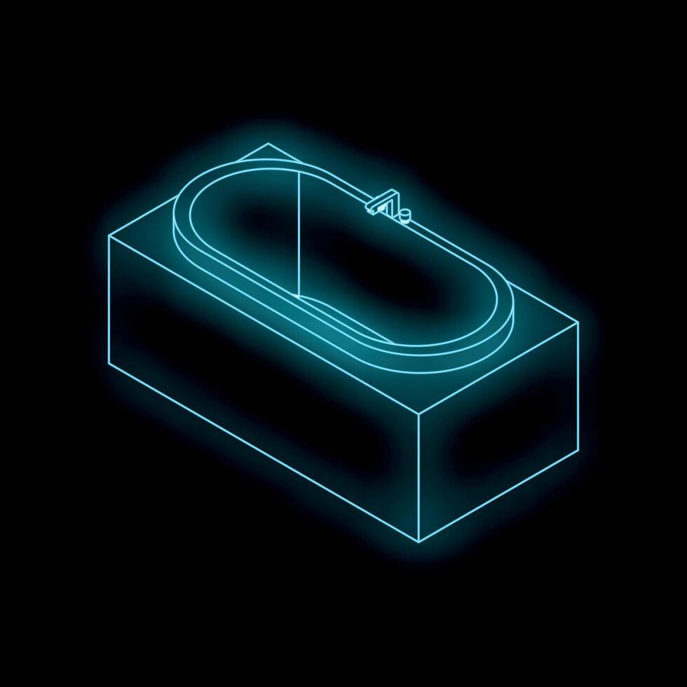 Glowing rectangular bathtub with faucet on black background vector