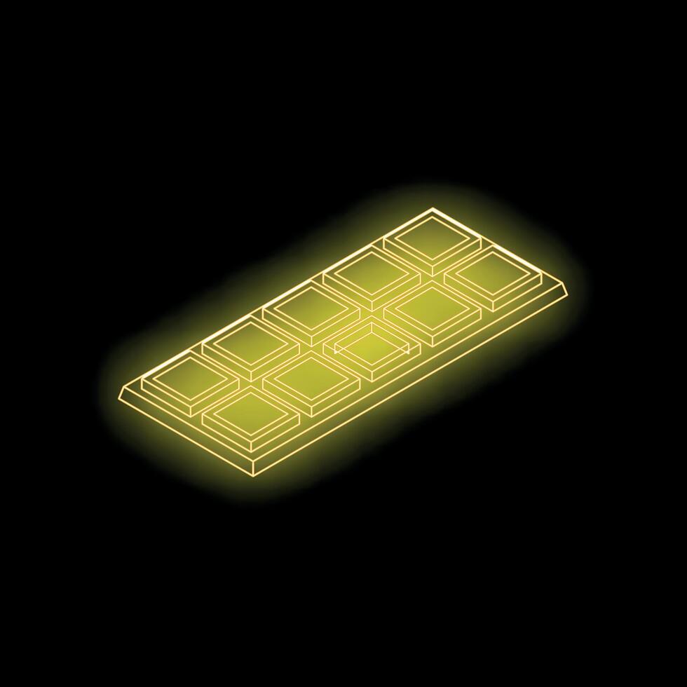 Glowing neon chocolate bar on dark background, isometric projection vector