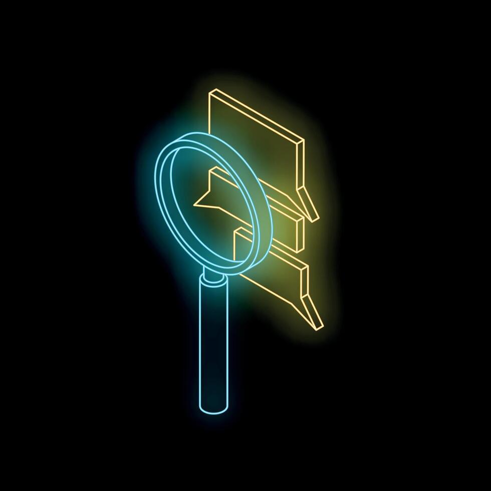 Magnifying glass exploring chat bubbles in neon style, analyzing online conversations vector