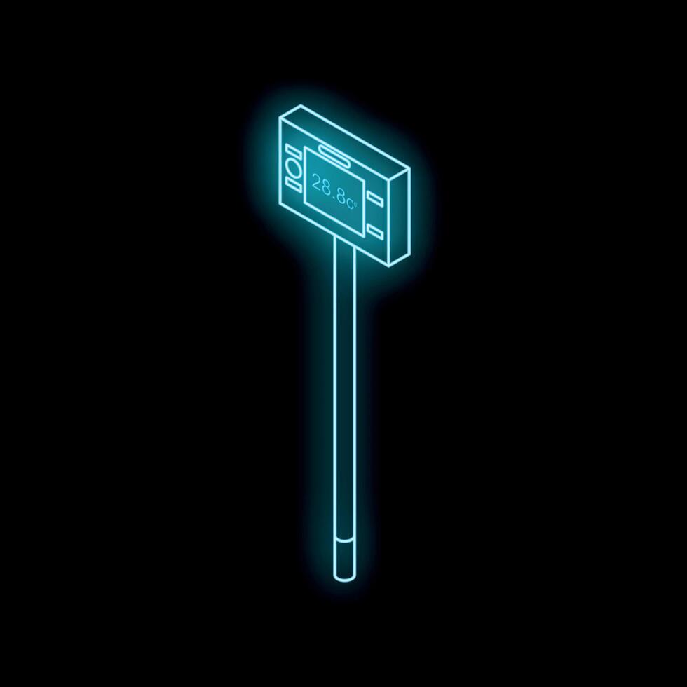 Glowing neon thermometer showing temperature on black background vector
