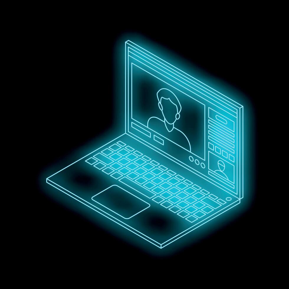 Neon blue laptop showing conference with customer service operator vector