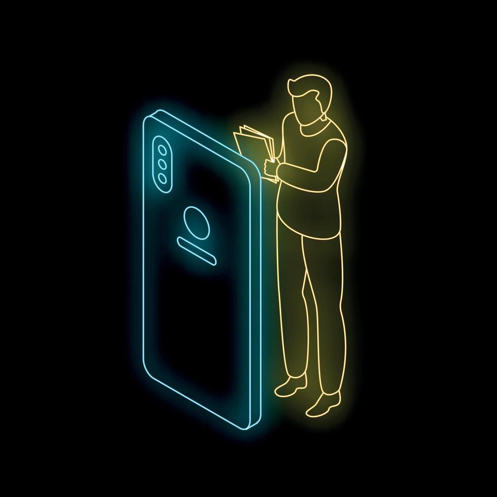 Businessman reading documents near big smartphone with neon light effect vector