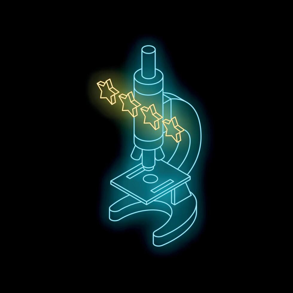 Neon microscope receiving five stars rating, isometric view on black background vector
