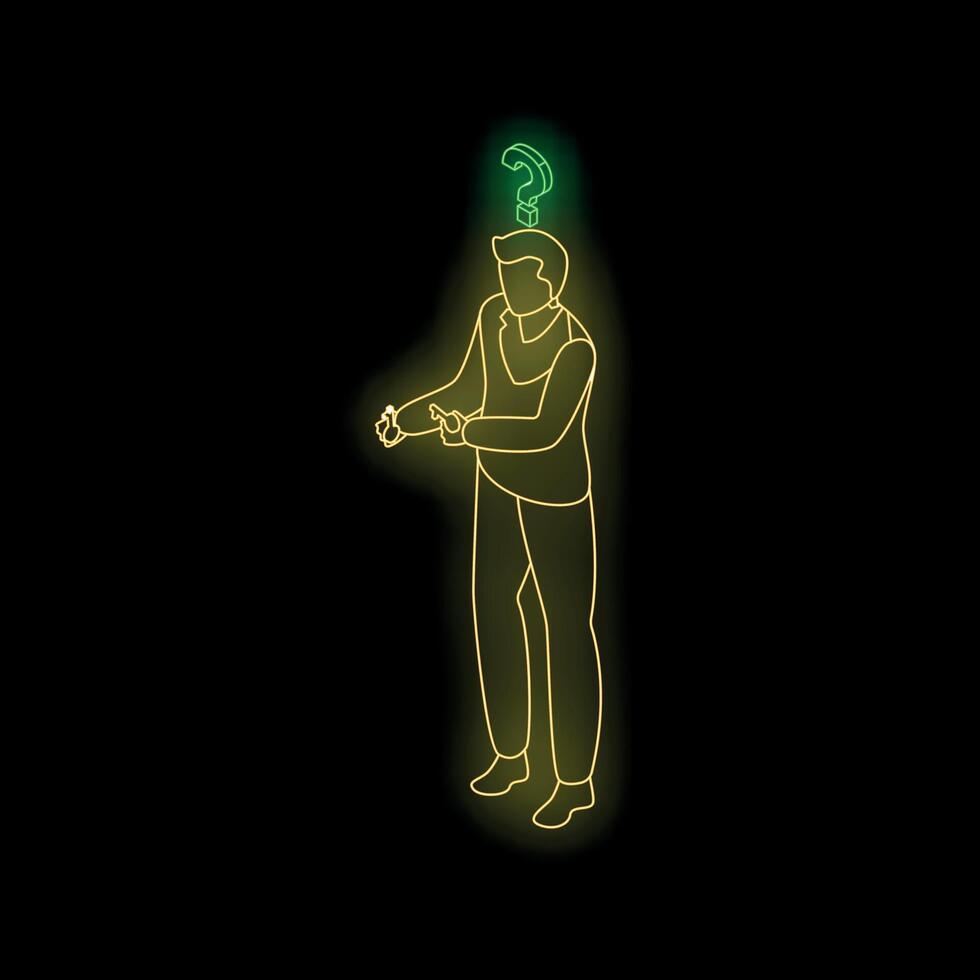 Businessman checking time and having doubts about future appointment, neon illustration vector