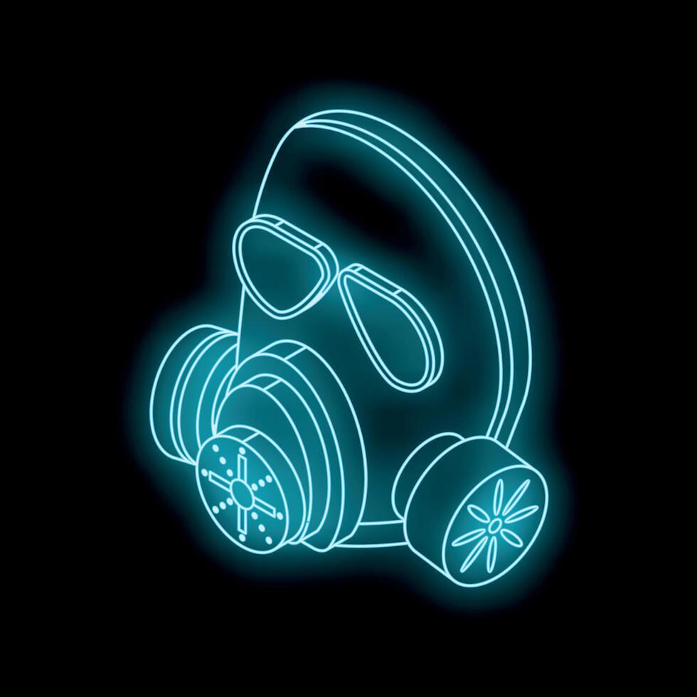Glowing neon gas mask on dark background, protection and safety concept vector