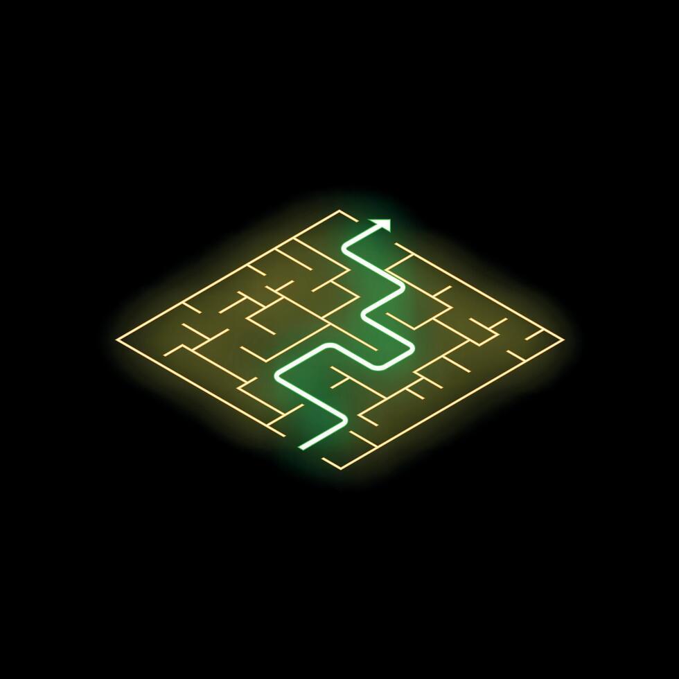 Neon green path leading through golden maze on black background vector