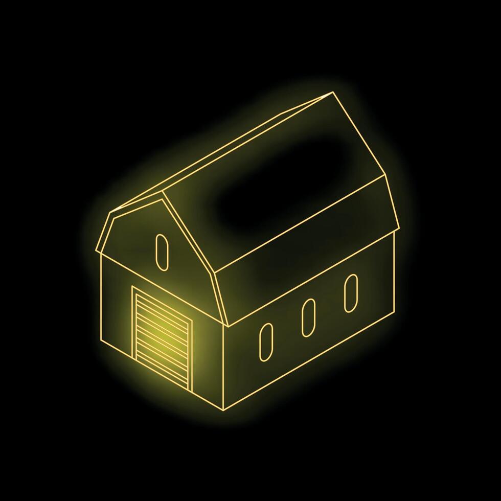Glowing yellow barn with closed garage door on black background vector