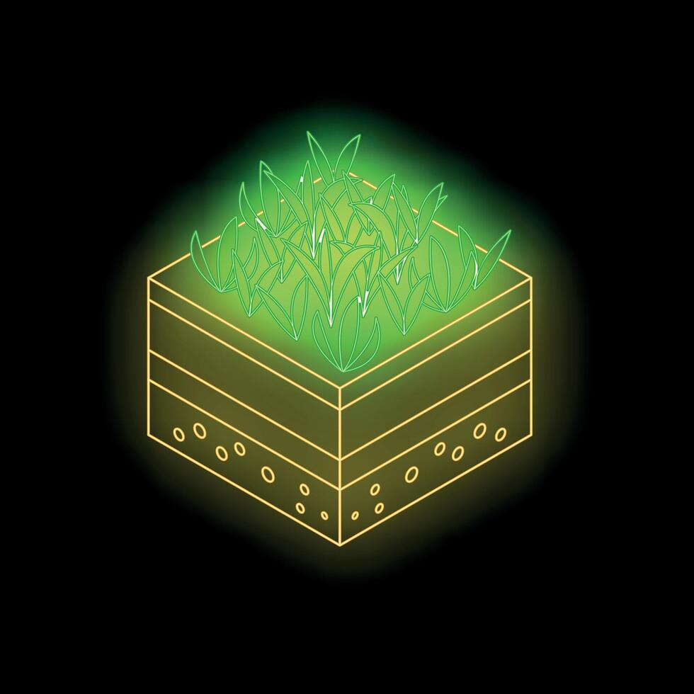 Glowing neon green grass growing on fertile soil cube vector
