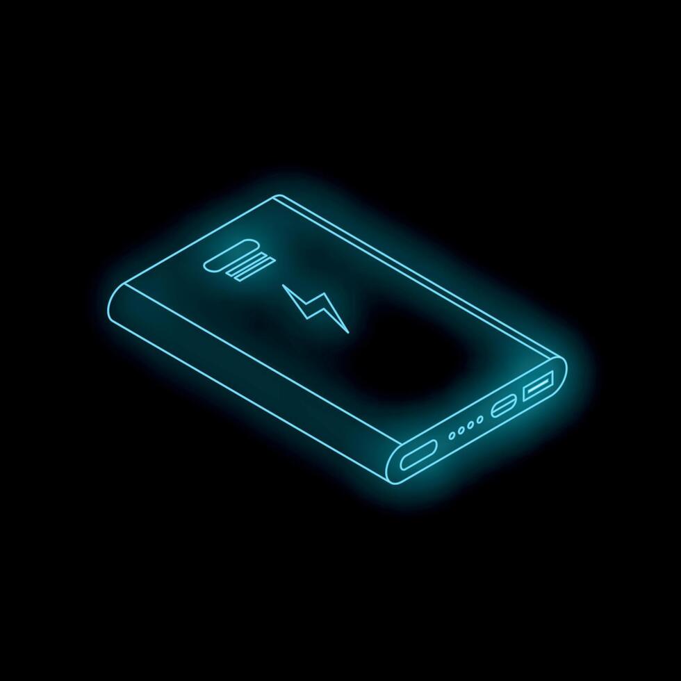 Portable charger glowing with futuristic neon light on black background vector