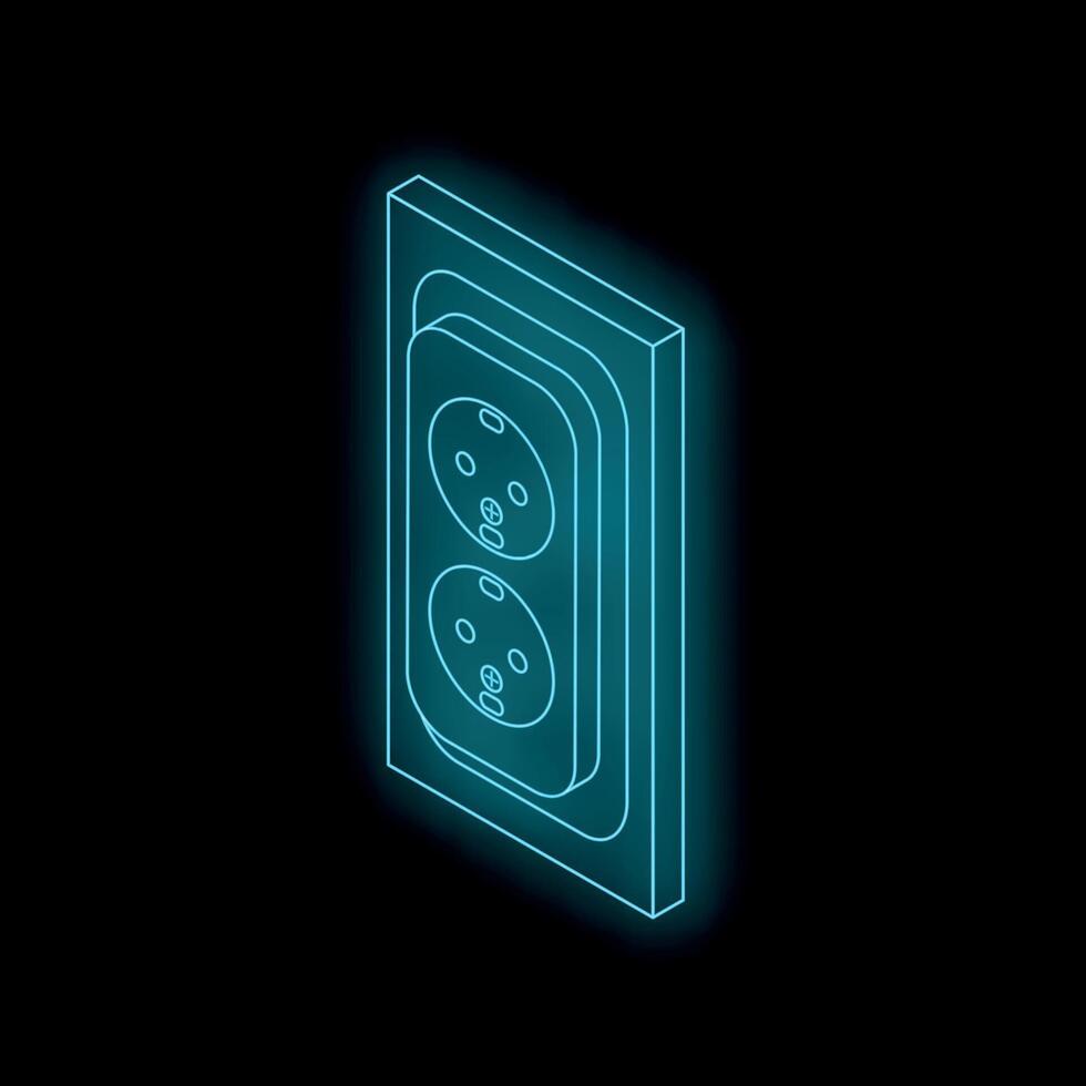 Glowing neon double electrical socket on black background vector