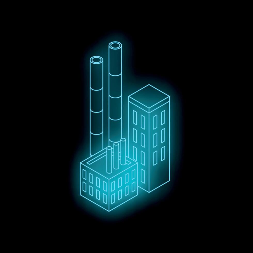 Glowing neon factory with smokestacks at night, isometric industrial scene vector